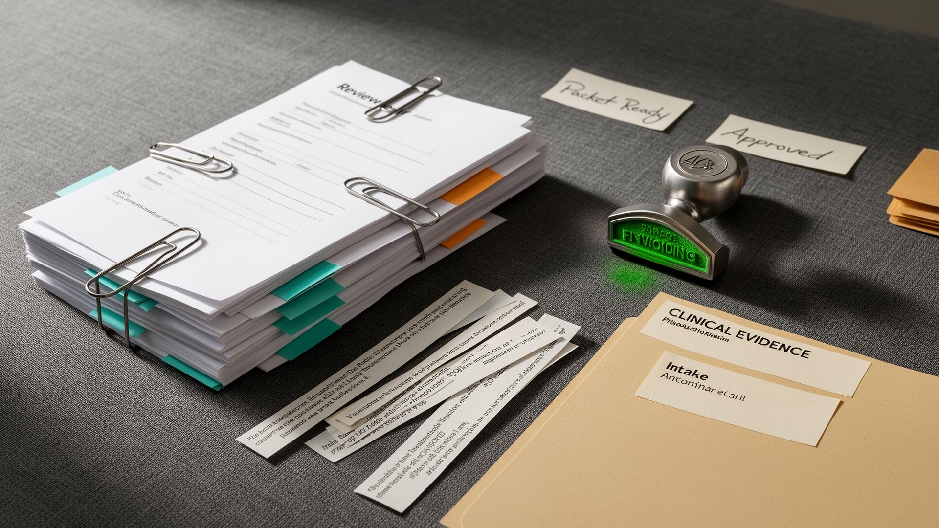 Stacked payer-ready prior-authorization packets with source-citation strips, manila clinical evidence folders, and a reviewer approval stamp on an operations desk.