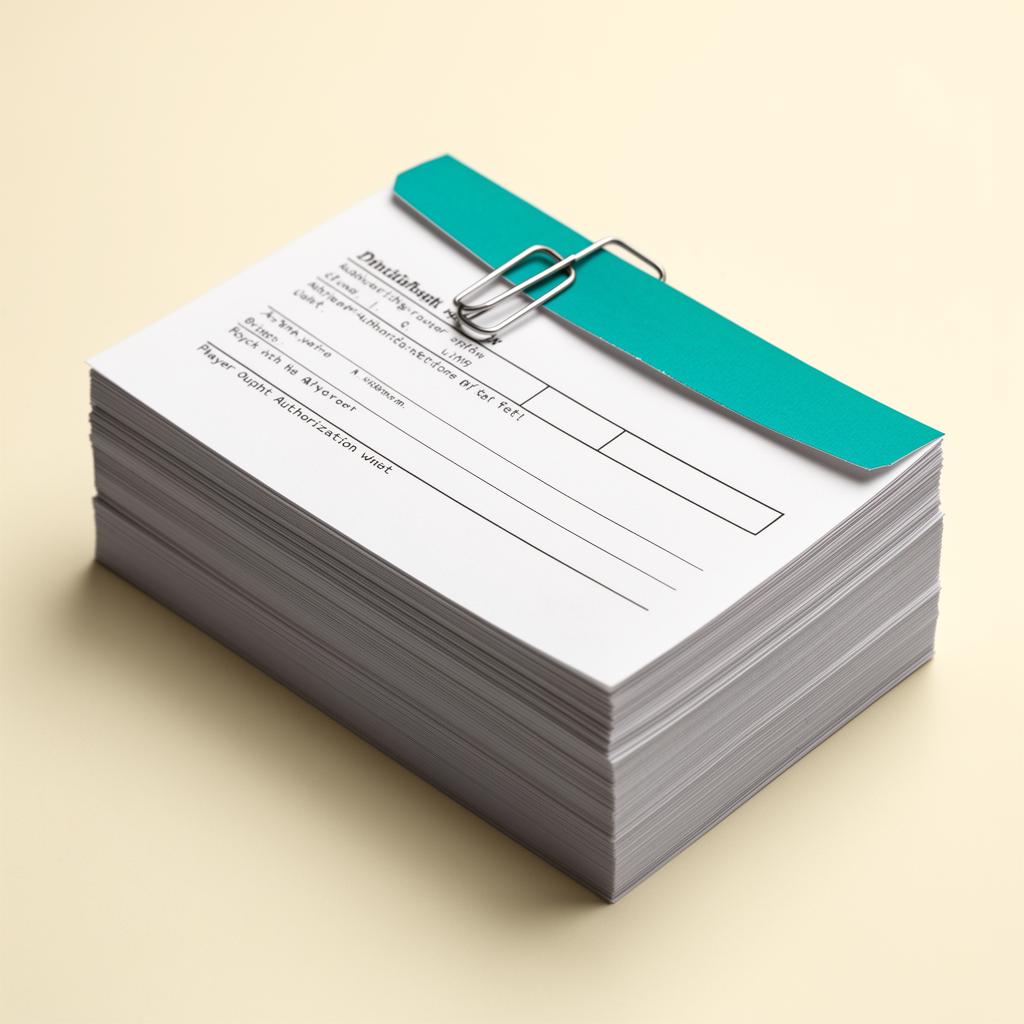 Stack of payer-ready authorization packets, edge-on, with a teal index tab on the top sheet.