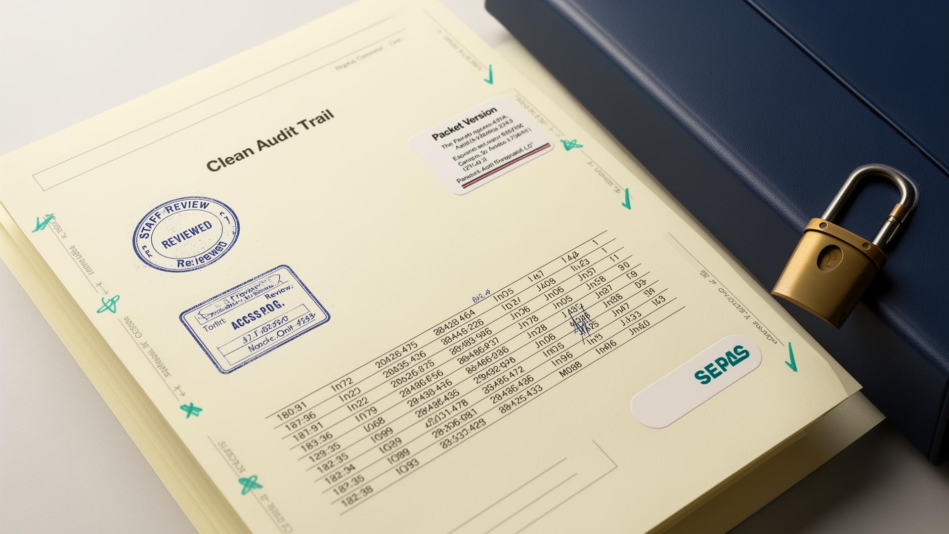 Bound audit-trail ledger documenting packet access, exports, and approvals.